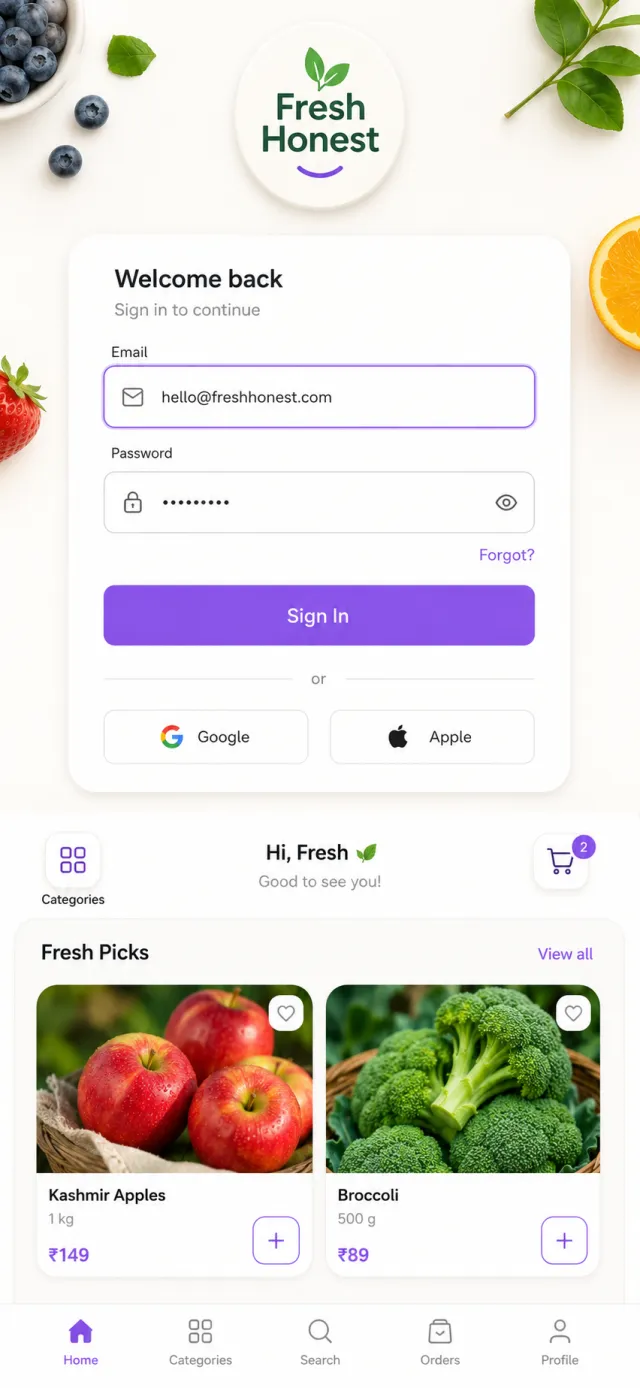 Fresh Honest E-Commerce — real shipped app screen