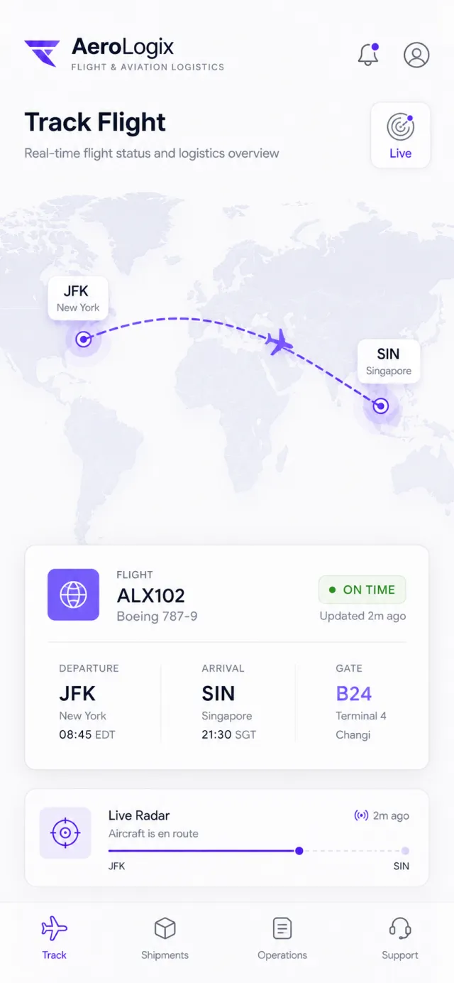 AeroLogix flight tracking — real shipped app screen